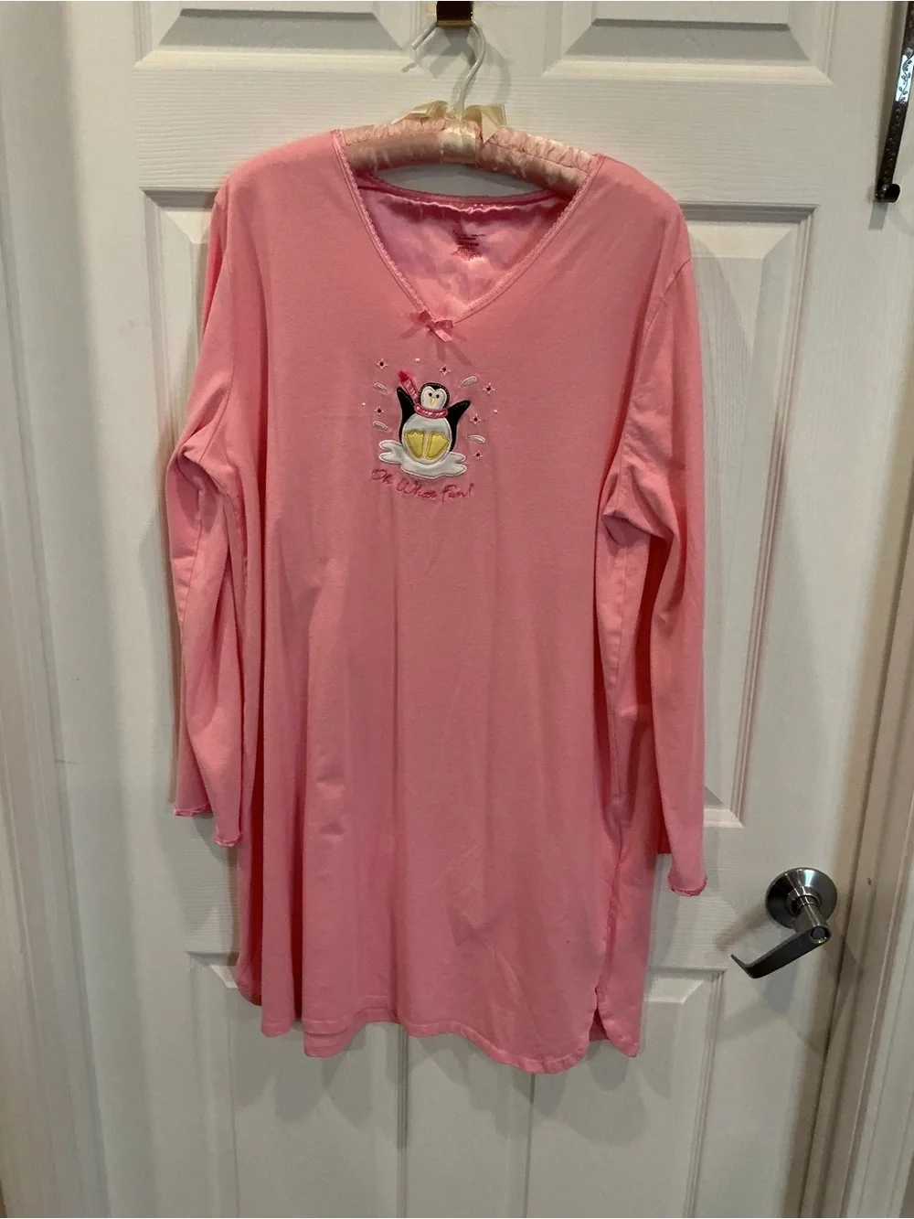 Pink Long-Sleeve V-Neck Nightgown with Penguin Graphic